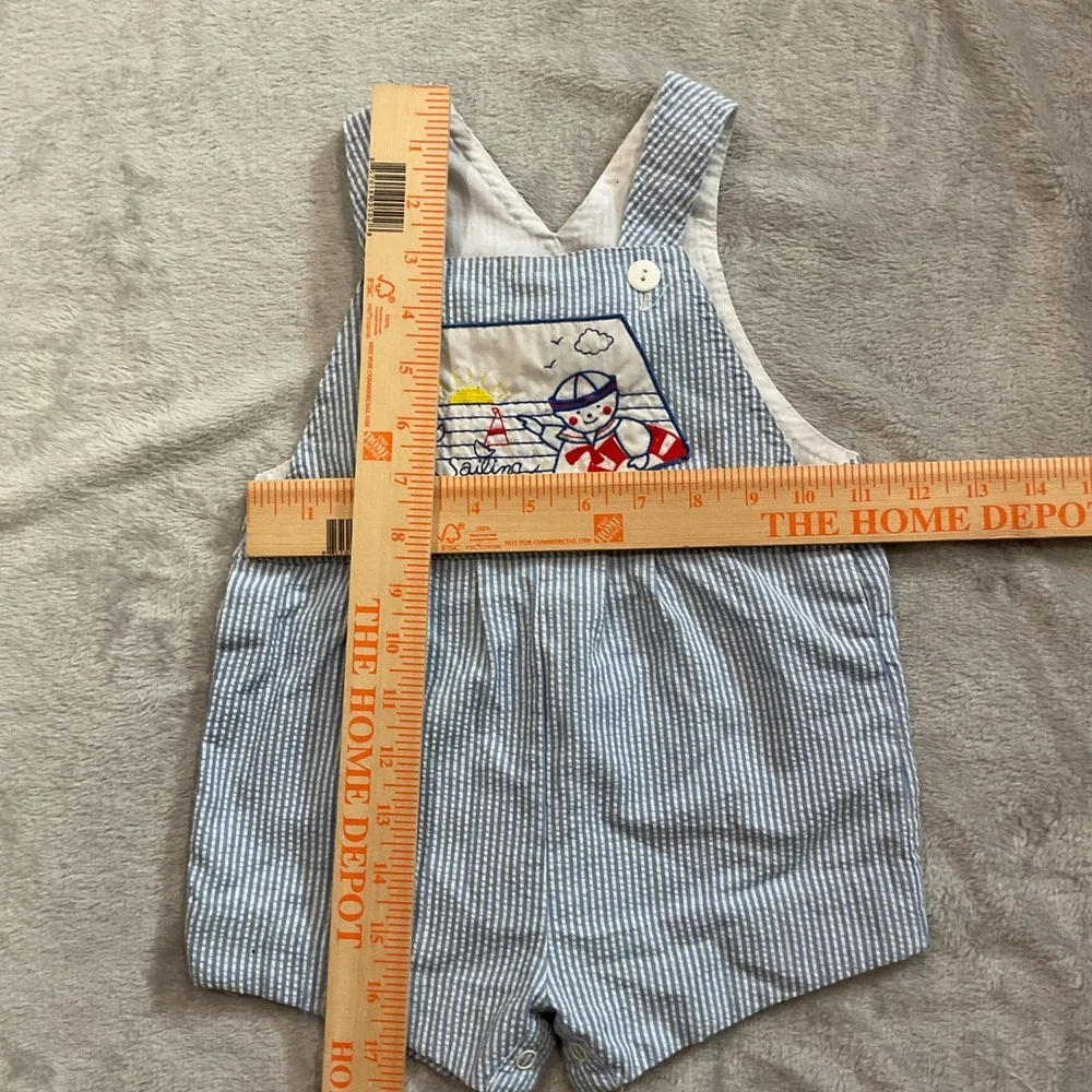 Vintage Blue White Seersucker Nautical Sailing Shortalls 24 Months Pinstripe
